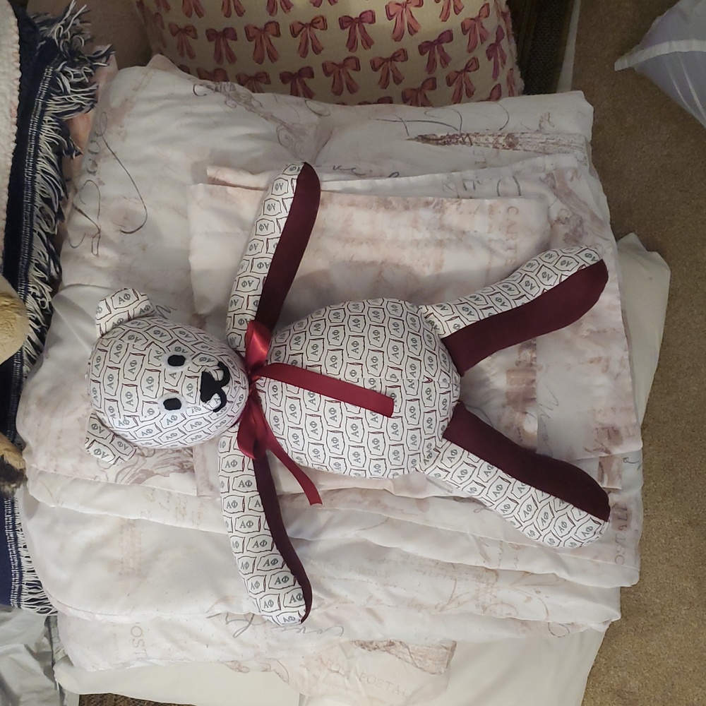 Hand Made Teddy Bear with Alpha Phi Accents.